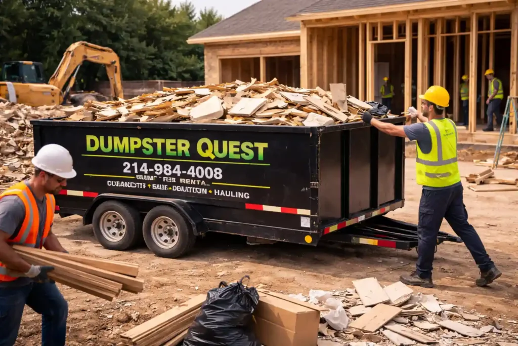 construction dumpster rental at active job site with debris and materials