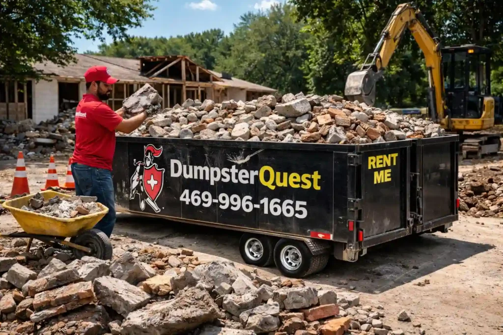 concrete dumpster filled with heavy debris at construction site