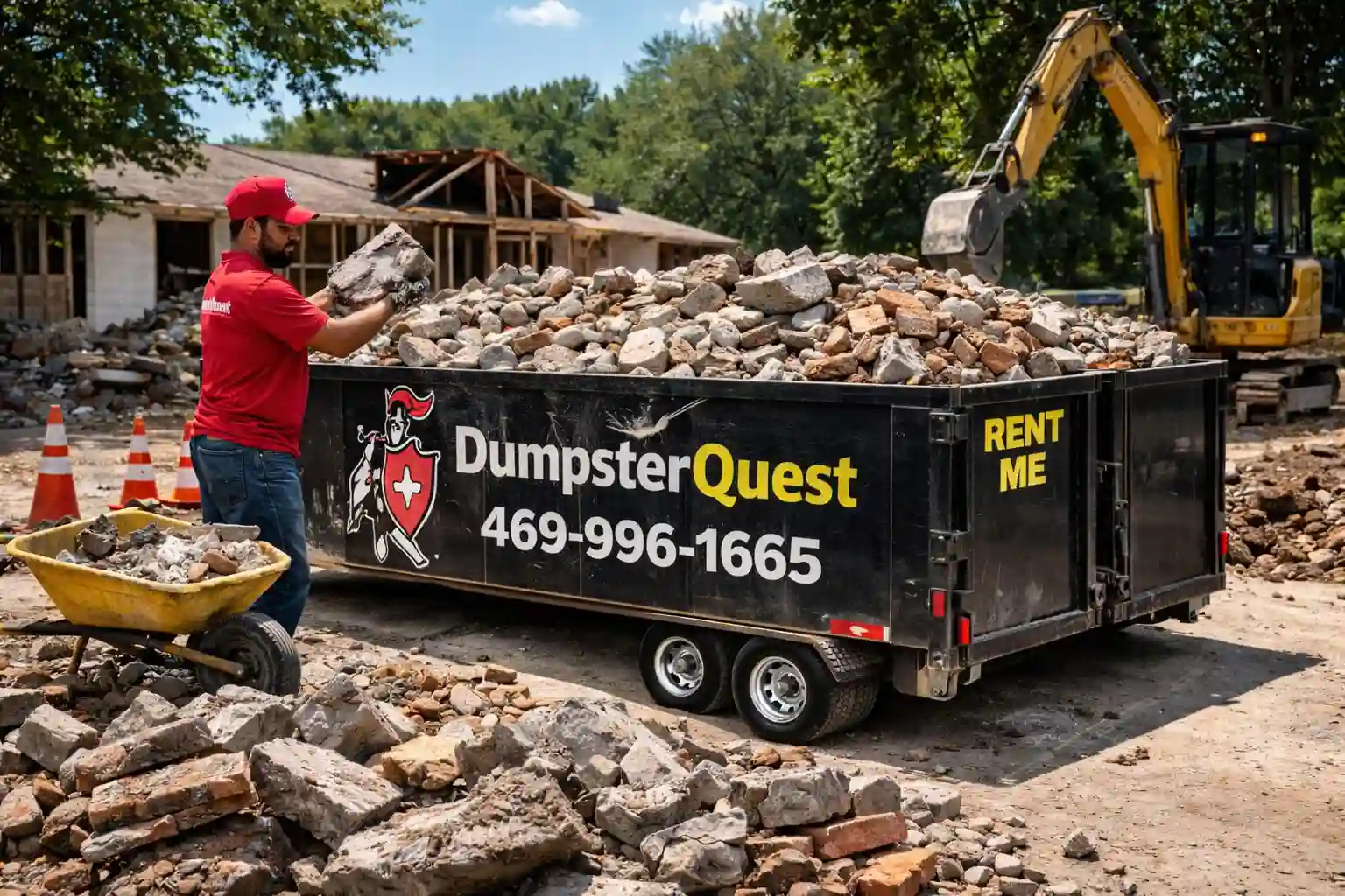 concrete dumpster filled with heavy debris at construction site