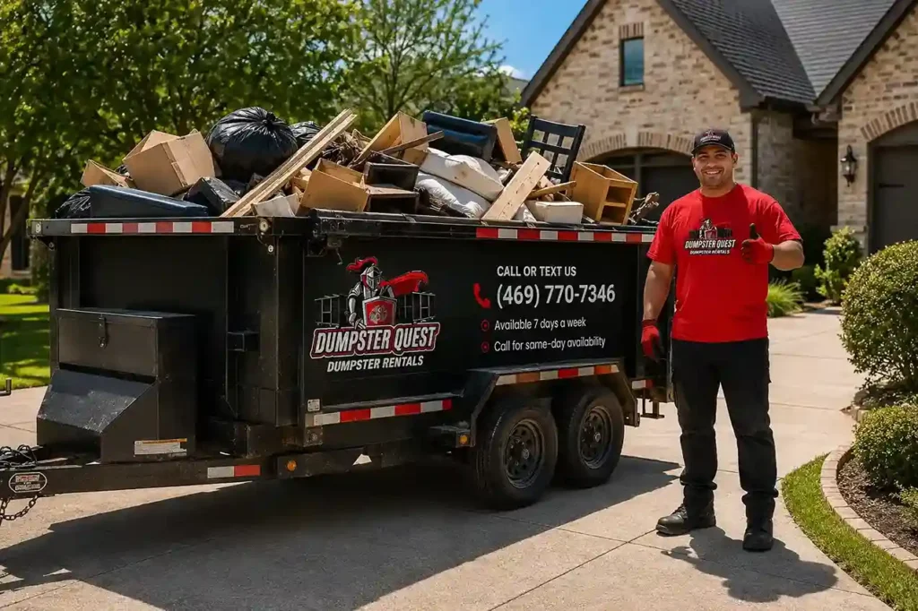 roll off dumpster rental in North Dallas driveway filled with debris