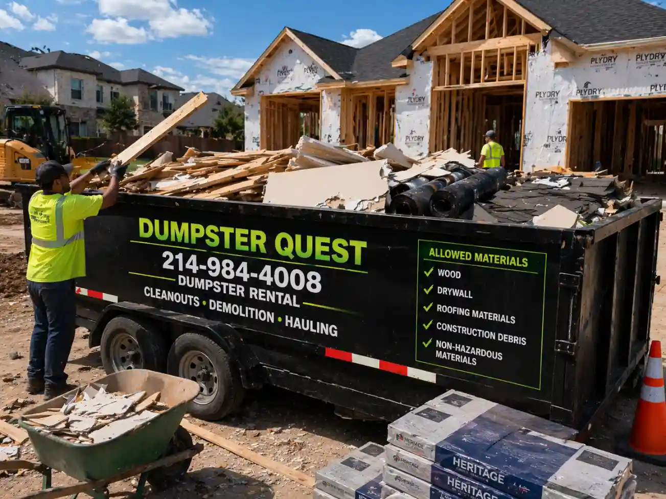 construction dumpster filled with allowed construction debris and materials