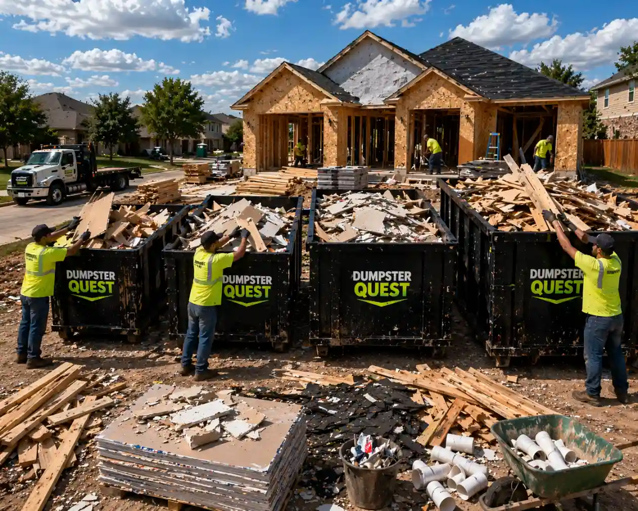different construction dumpster sizes on jobsite with debris