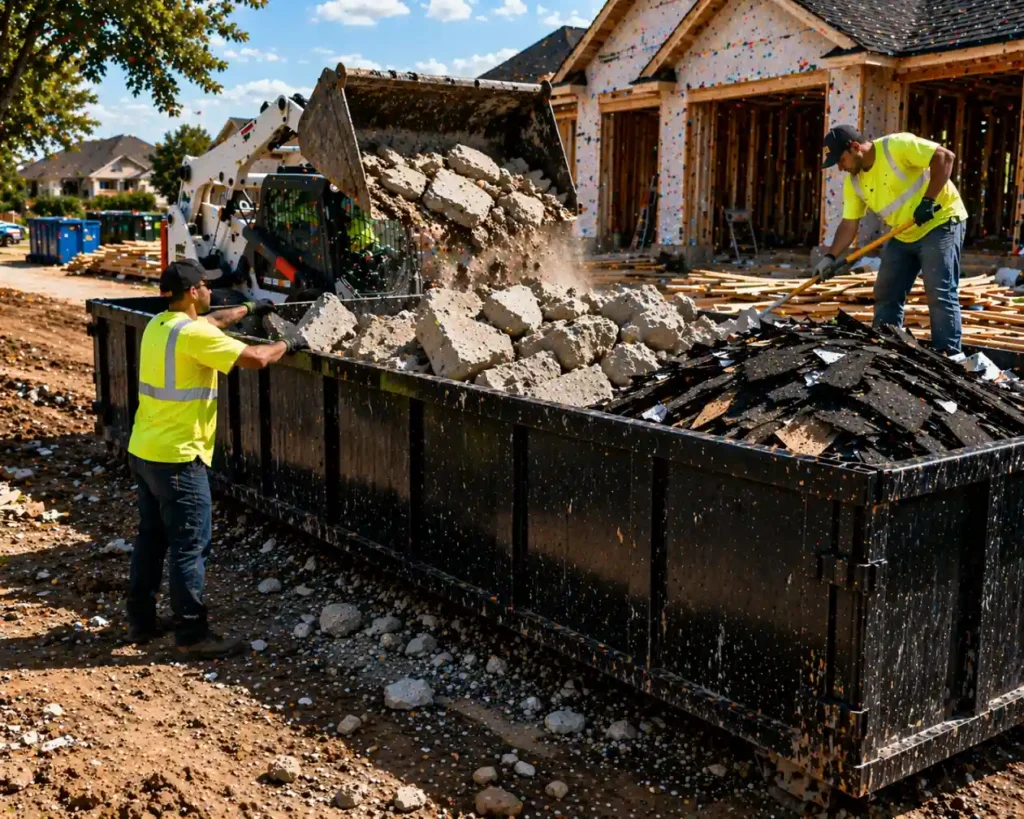 construction dumpster filled with heavy debris showing weight limits
