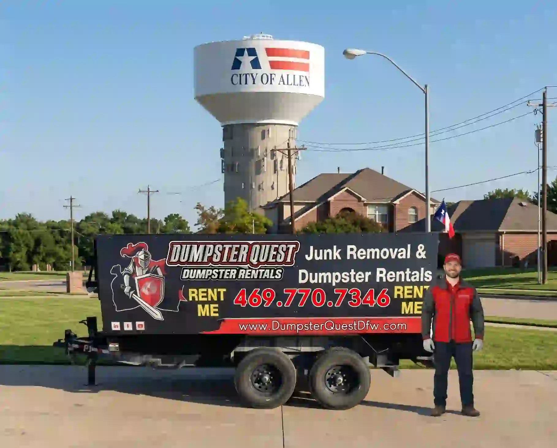 Dumpster Quest residential dumpster rental trailer in Allen TX near city water tower for North Dallas homeowners