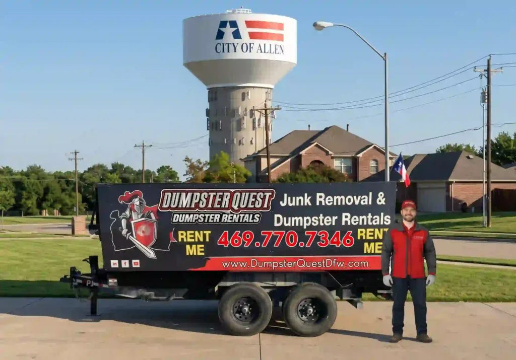 Dumpster Quest rental trailer and a smiling employee in a red uniform standing in a residential area with the iconic City of Allen water tower in the background.