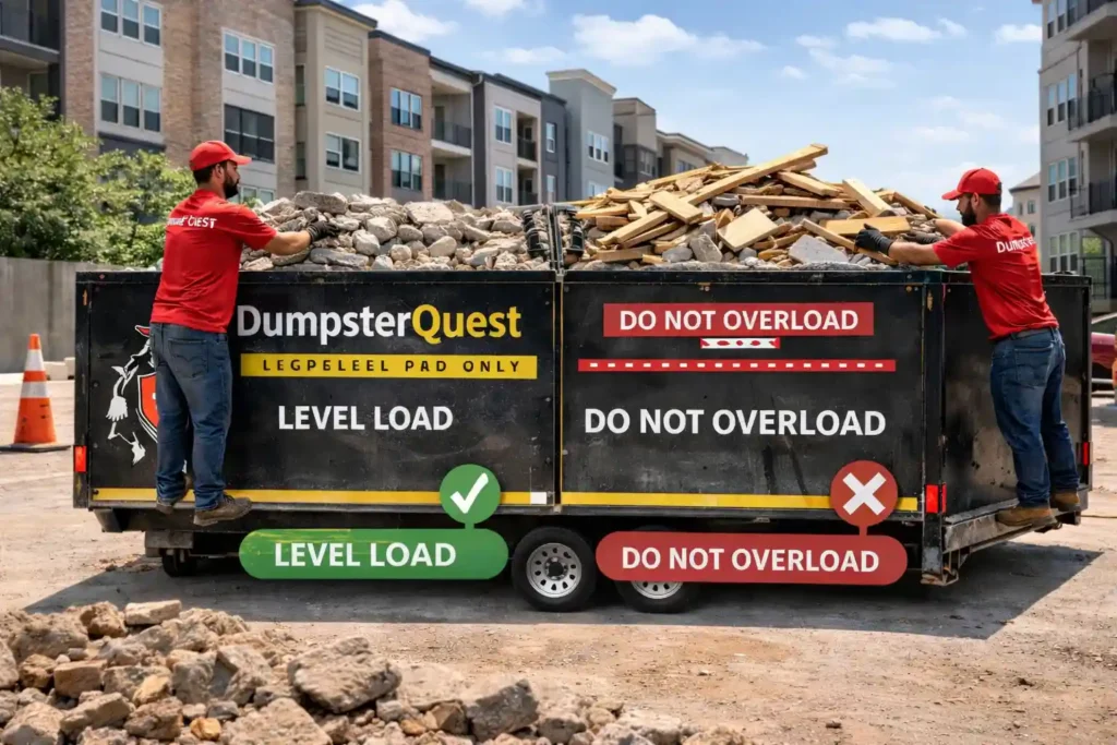 dumpster with mixed concrete and construction debris showing loading rules