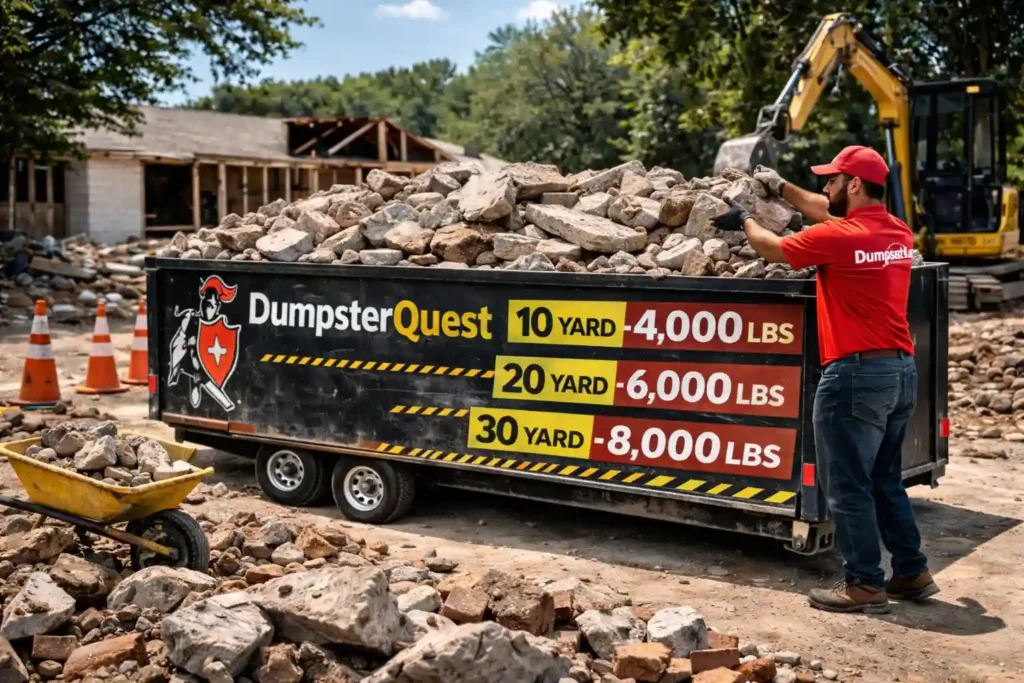concrete dumpster filled with heavy slabs showing weight capacity limits