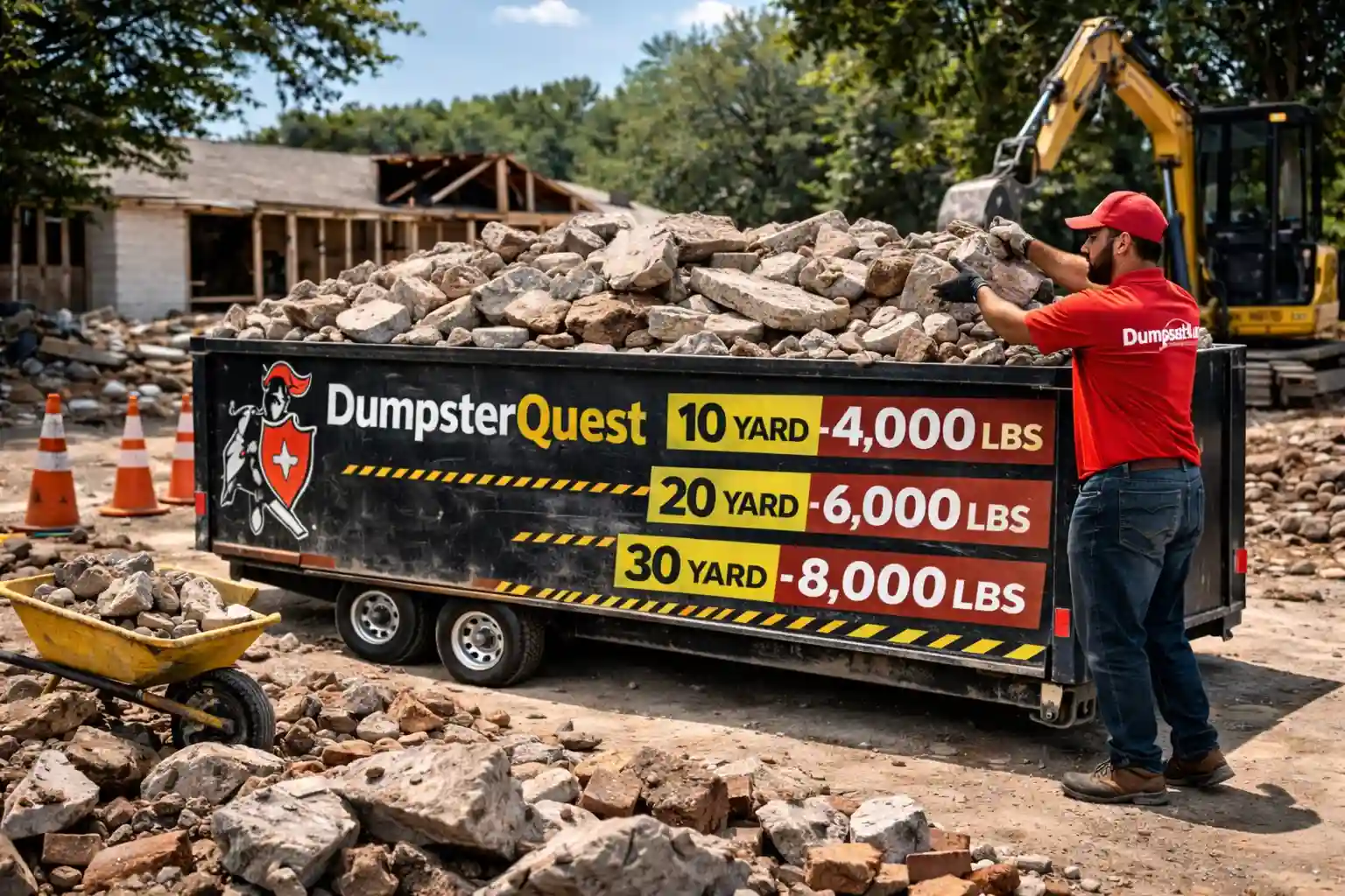 concrete dumpster filled with heavy slabs showing weight capacity limits