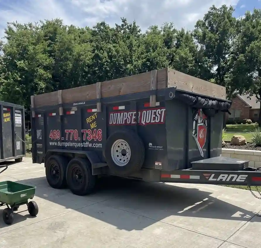 20-yard dump trailer parked in driveway for home renovation debris removal in Collin County TX