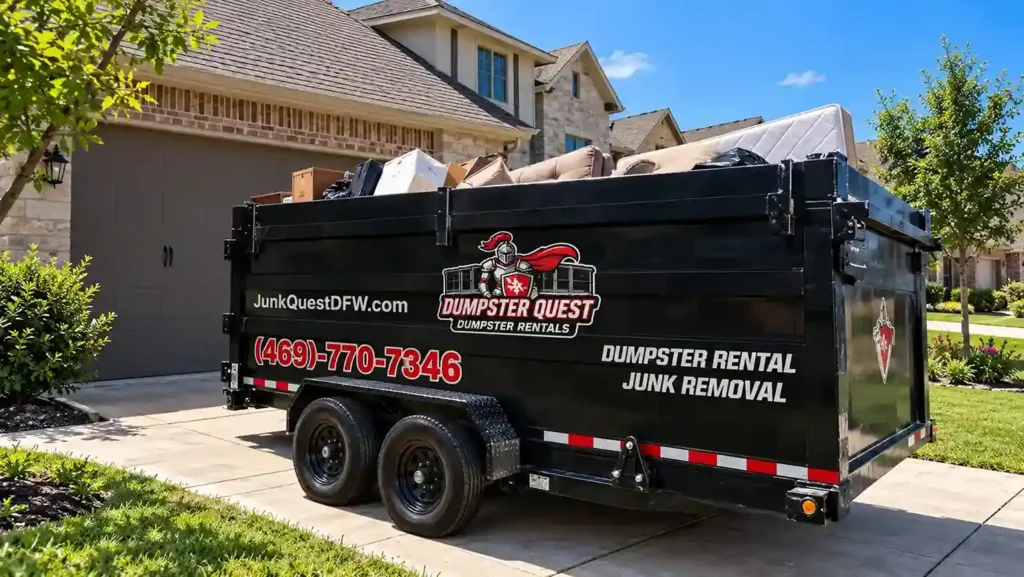 Dumpster rental prices in North Dallas, TX: driveway-safe rubber-tired dump trailer by Dumpster Quest