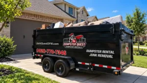 Dumpster rental prices in North Dallas, TX: driveway-safe rubber-tired dump trailer by Dumpster Quest
