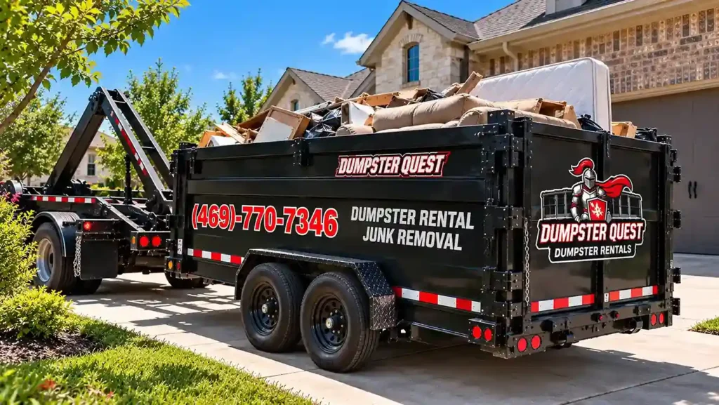 Dumpster Quest DFW 20-yard rubber-tired dump trailer delivered to a North Dallas driveway