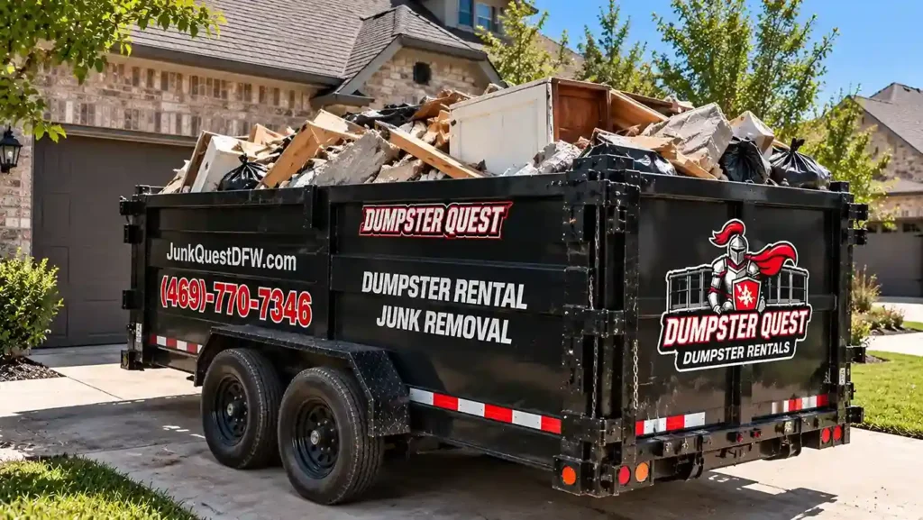Loaded 20-yard dumpster in a North Dallas driveway with heavy debris that counts toward the 2-ton weight allowance