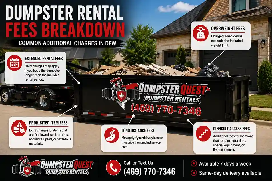 Dumpster Quest DFW 20-yard rubber-tired dump trailer on a North Dallas residential driveway