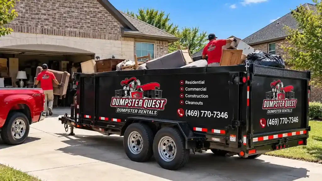 Dumpster Quest rubber-tired dump trailer on a North Dallas driveway loaded with furniture and household items from a house cleanout