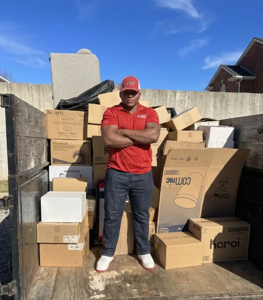 Dumpster Quest team member standing in a truck bed filled with cardboard boxes